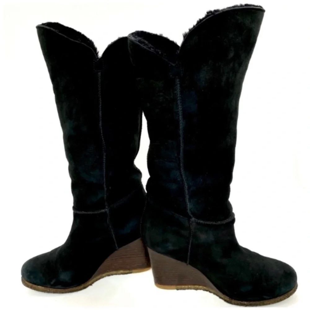 Ugg Suede Sheepskin Knee High Wedge Boot In Black